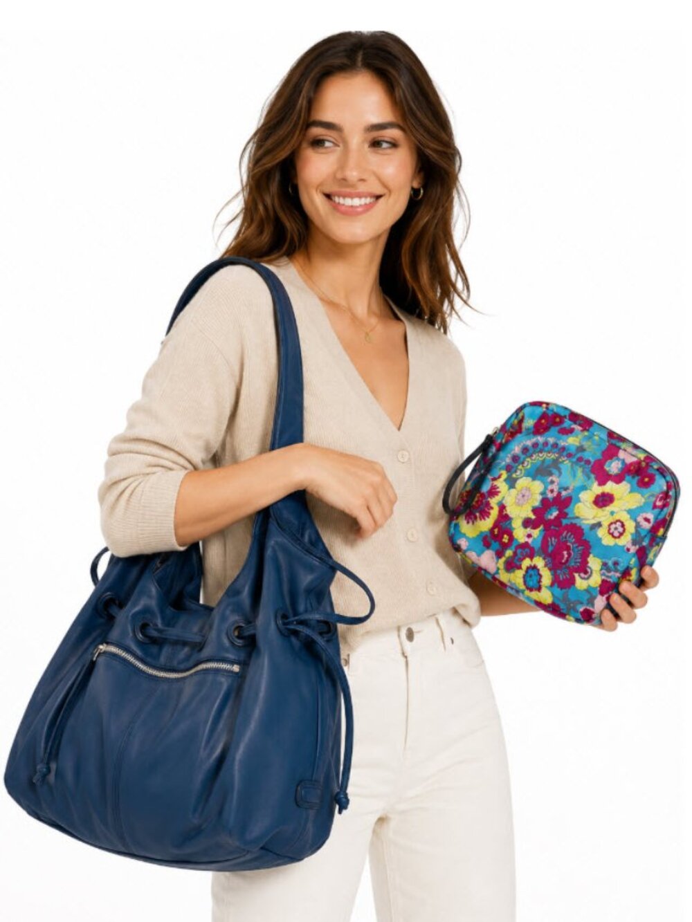 Niki Jodi Blue Hobo Bag with Double Straps and cosmetic bag